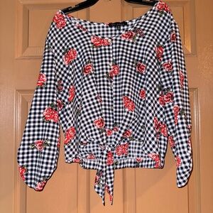 Los Angeles Red Rose Pattern Black White Button Long Sleeve Dress M